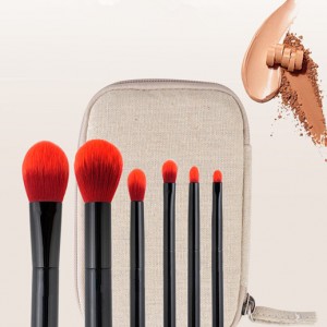 OEM Red vegan hair makeup brushes set 6pcs travel brushes with case