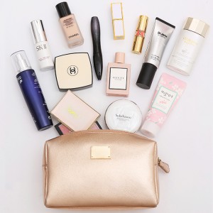 Custom Metal Logo Premium Cross Stripe Leather Cosmetic Bag Travel Rose Gold Makeup Bag