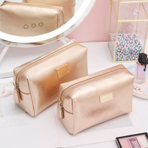 Custom Metal Logo Premium Cross Stripe Leather Cosmetic Bag Travel Rose Gold Makeup Bag