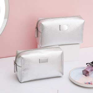 Custom Metal Logo Premium Cross Stripe Leather Cosmetic Bag Travel Rose Gold Makeup Bag