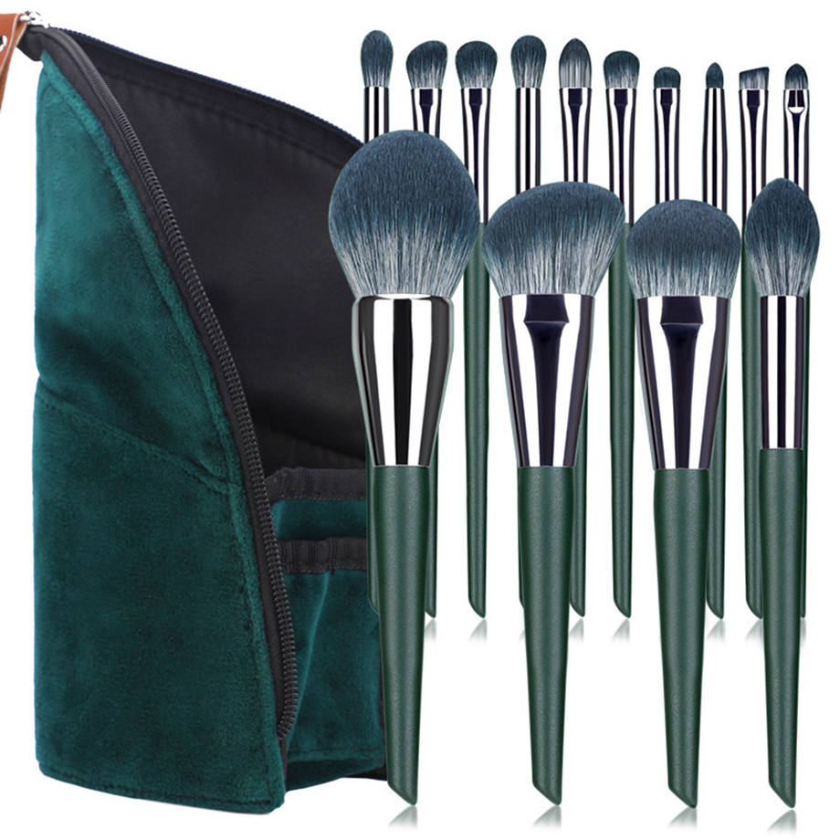 Factory New High Quality 14 PCS Green Color Makeup Brush Sets Vegan Nutral Hair Cosmetic Tool with Cloth Bag Featured Image